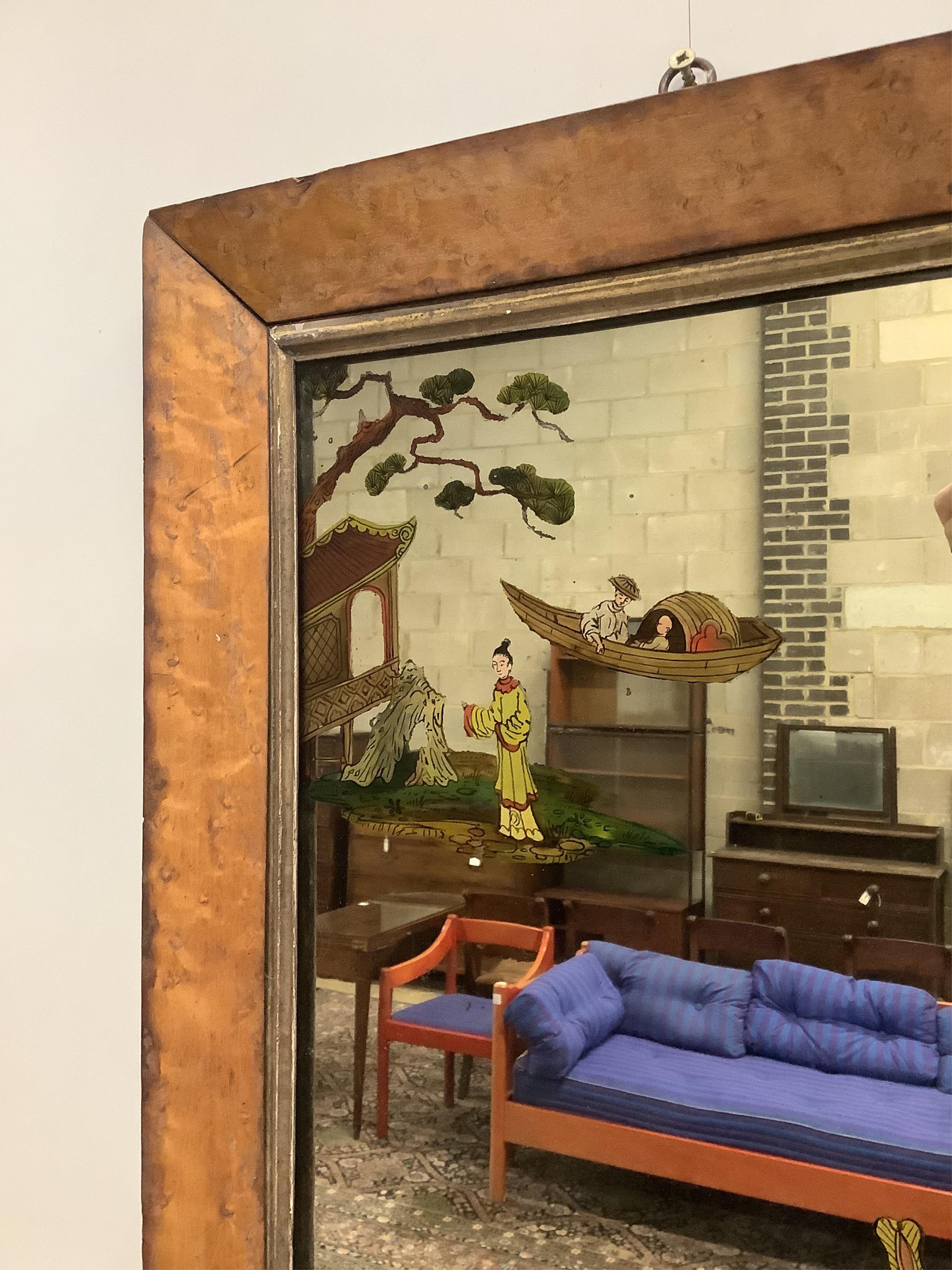 A late Victorian maple framed wall mirror with reverse painted chinoiserie decoration, width 44cm, height 55cm. Condition - fair